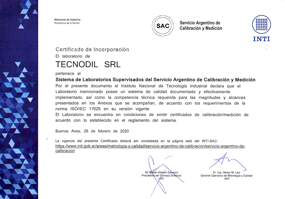 Certificación INTI - Sistema Argentino de Calibración